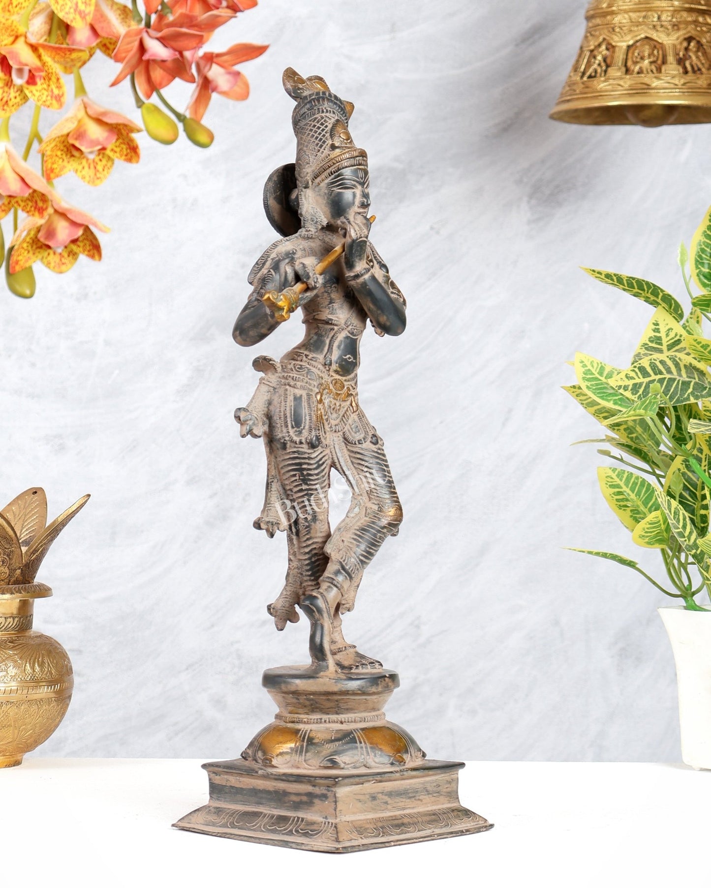 Krishna Pure Brass Statue with Sand Patina Finish – 14 Inches - Budhshiv.com