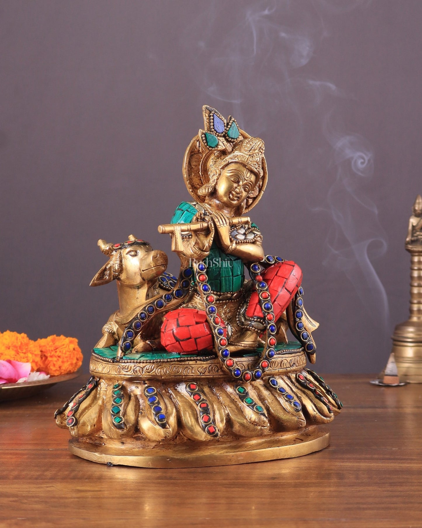krishna seated with a cow on round base 7.5" - Budhshiv.com