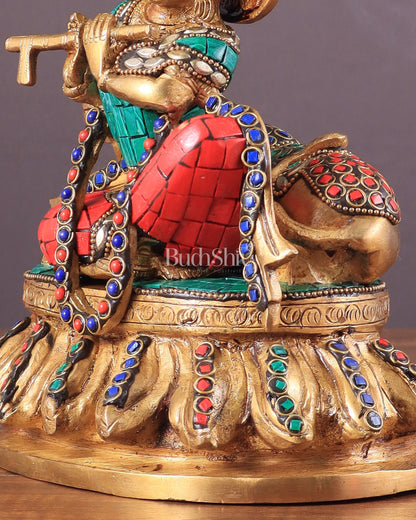 krishna seated with a cow on round base 7.5" - Budhshiv.com