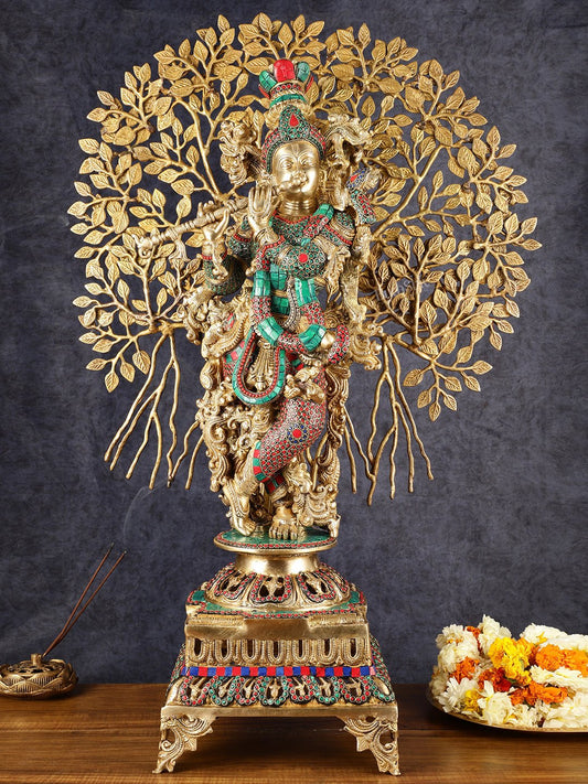 Krishna Superfine Brass Idol with Kalpavriksha Tree | Multicolour Stonework - Budhshiv.com