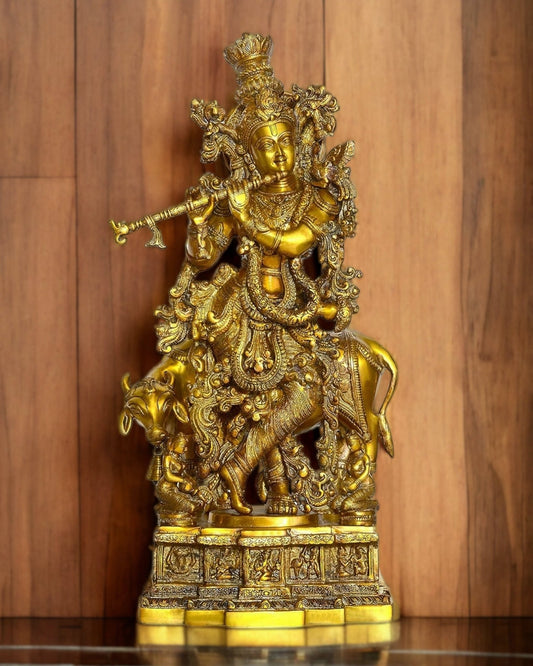 Krishna With Cow 28 inches brass idol - Budhshiv.com