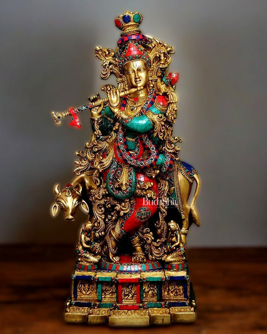 Krishna With Cow 29 inches brass idol with stonework - Budhshiv.com