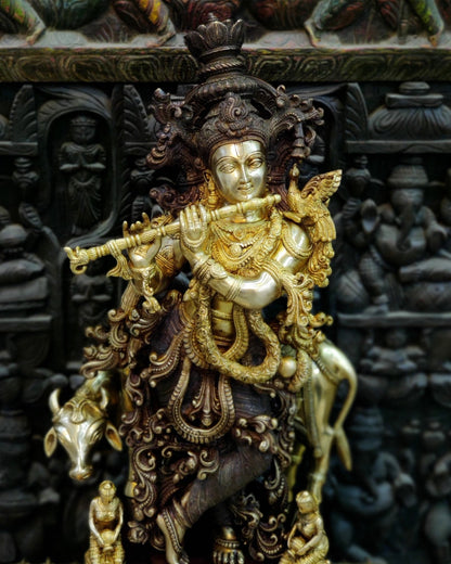 Krishna with cow Brass Idol 28 inch - Budhshiv.com