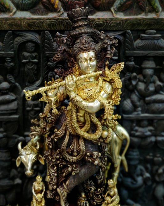 Krishna with cow Brass Idol 28 inch - Budhshiv.com