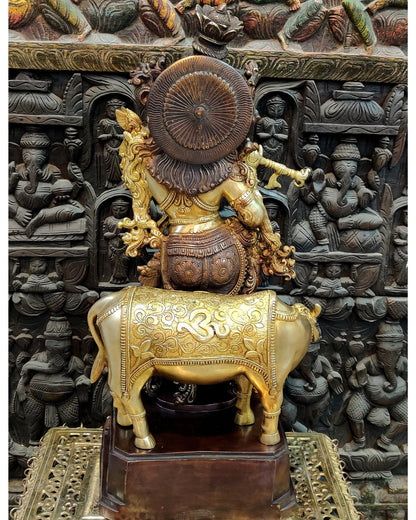 Krishna with cow Brass Idol 28 inch - Budhshiv.com
