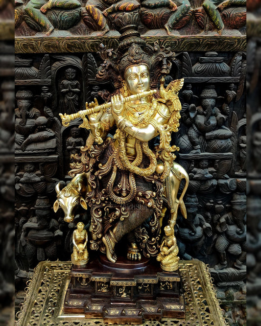 Krishna with cow Brass Idol 28 inch - Budhshiv.com