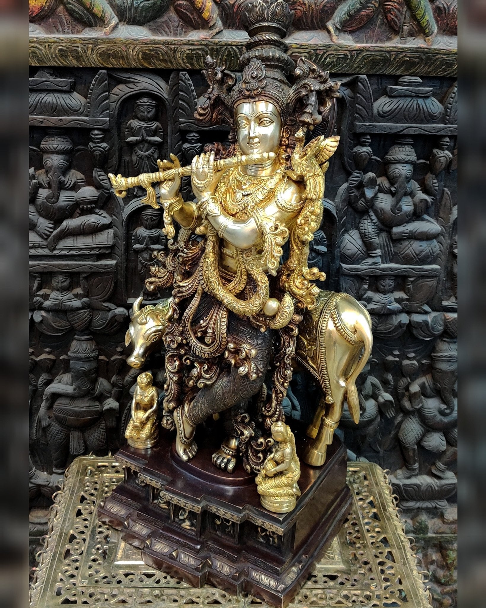 Krishna with cow Brass Idol 28 inch - Budhshiv.com