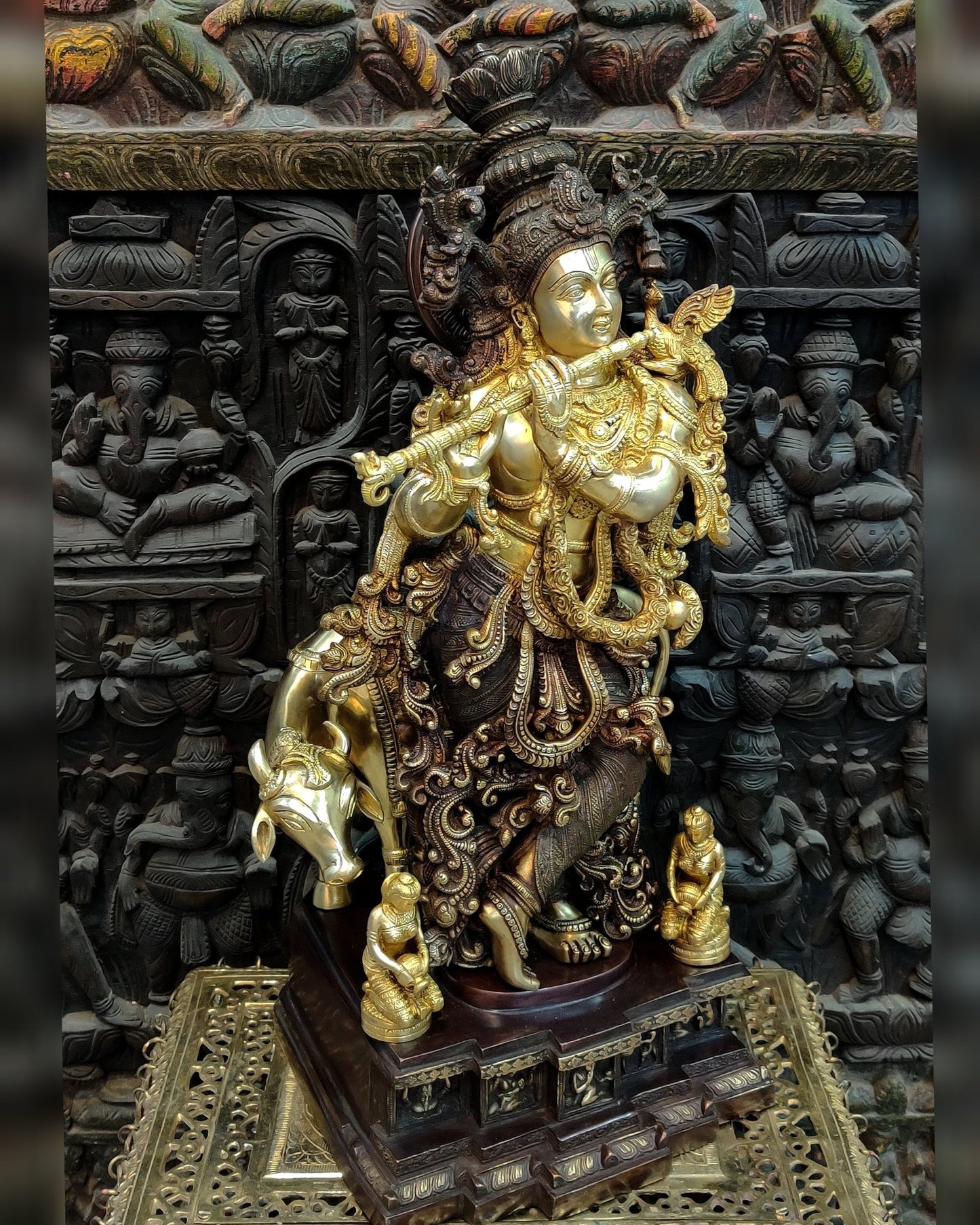 Krishna with cow Brass Idol 28 inch - Budhshiv.com