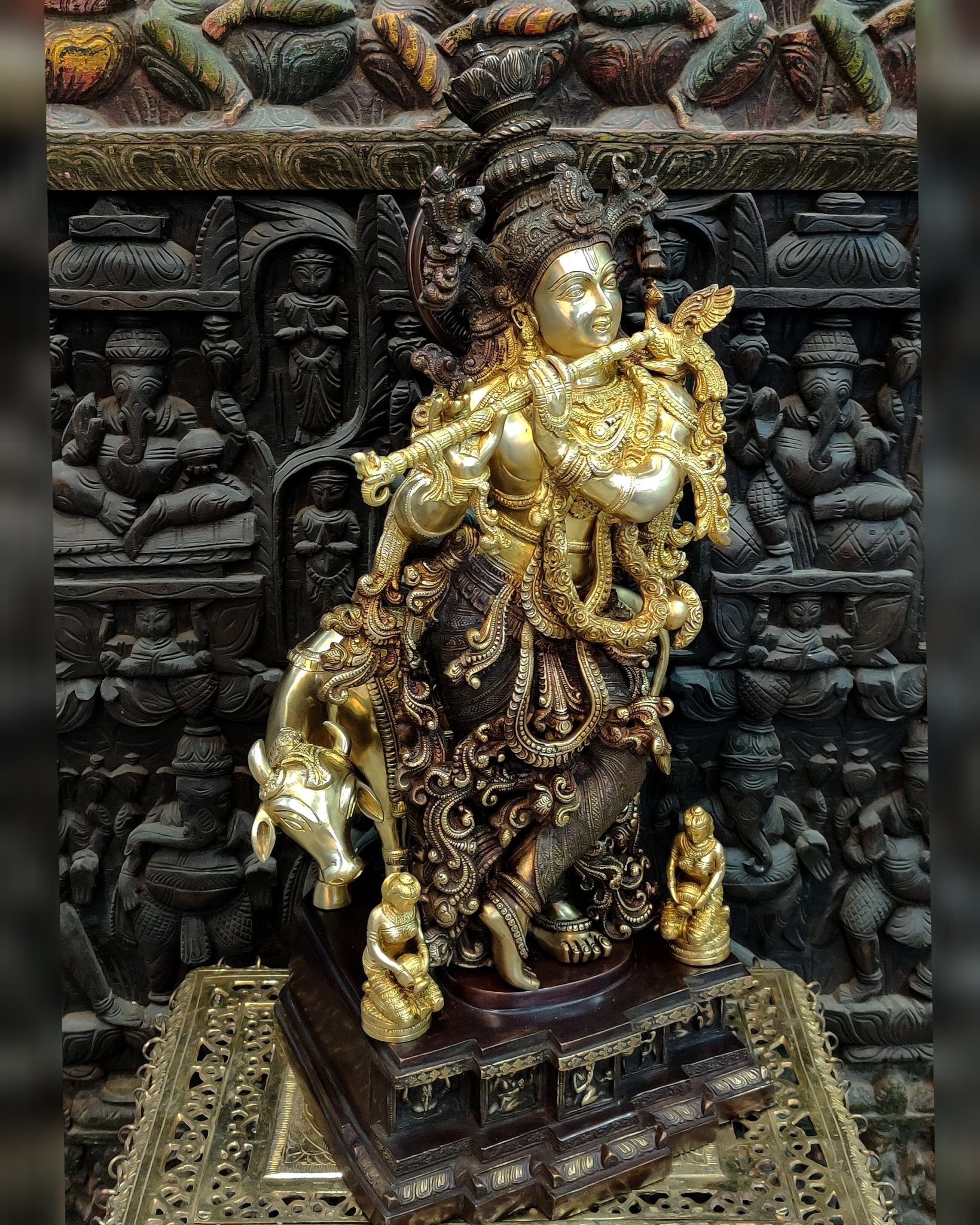 Krishna with cow Brass Idol 28 inch - Budhshiv.com