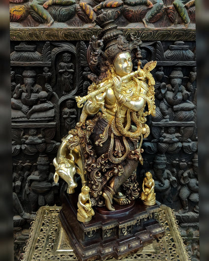 Krishna with cow Brass Idol 28 inch - Budhshiv.com