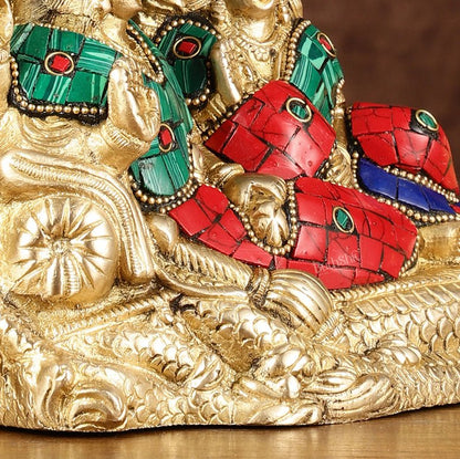 Lakshmi Narayan/ Vishnu Lakshmi brass idol resting on Sheshnaag Golden finish - Budhshiv.com