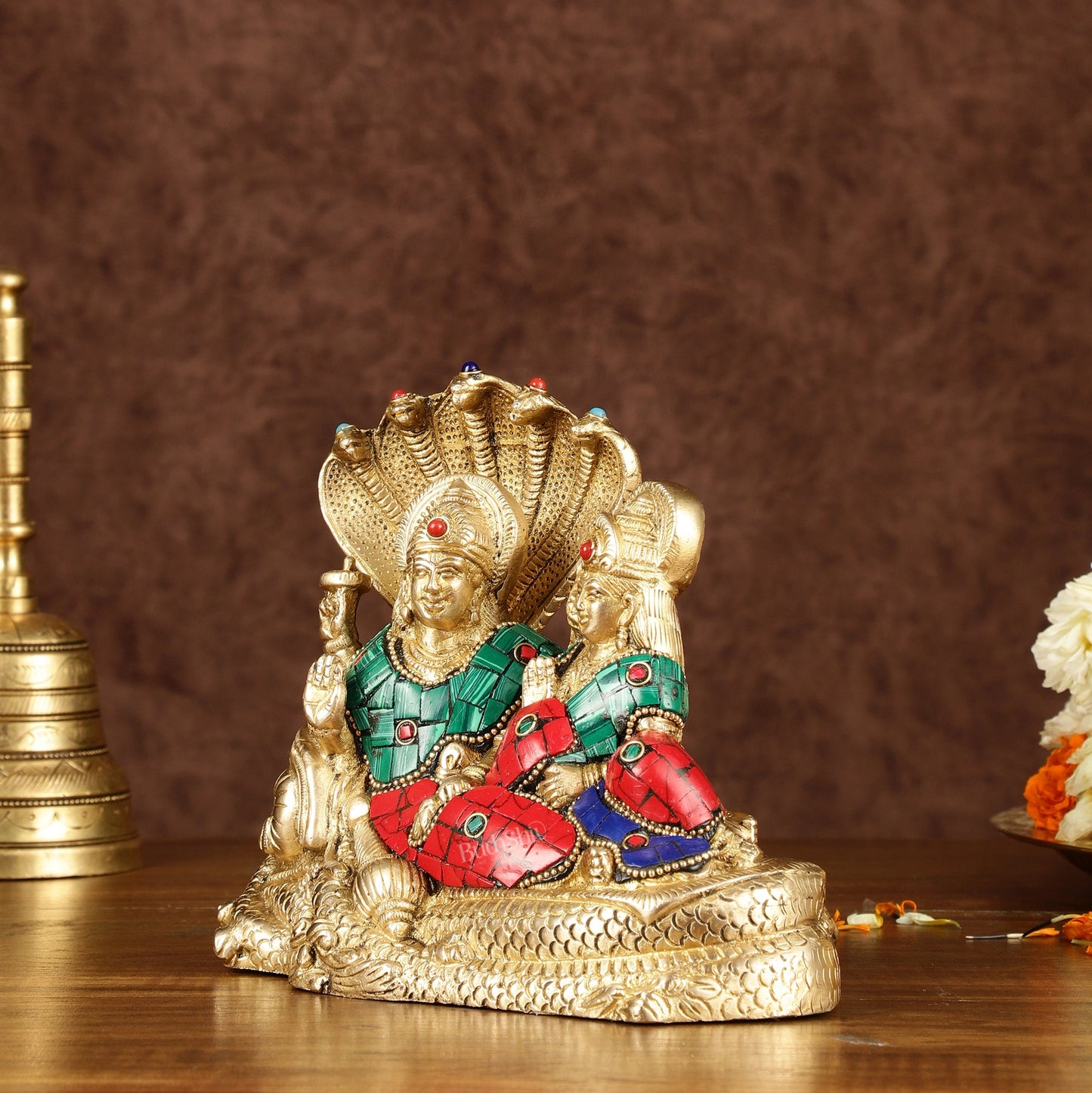 Lakshmi Narayan/ Vishnu Lakshmi brass idol resting on Sheshnaag Golden finish - Budhshiv.com