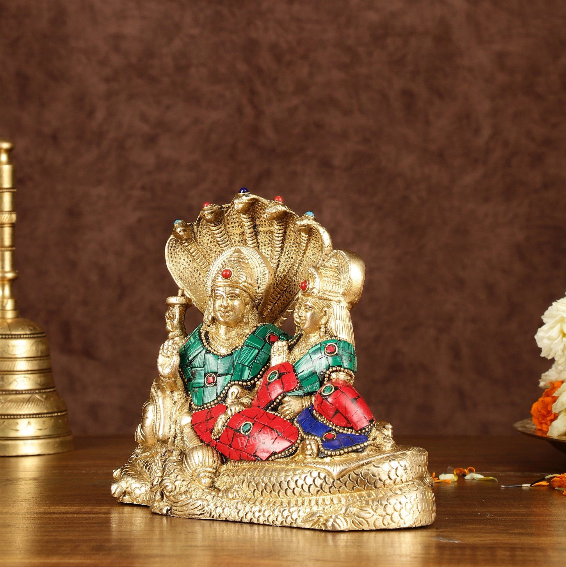 Lakshmi Narayan/ Vishnu Lakshmi brass idol resting on Sheshnaag Golden finish - Budhshiv.com