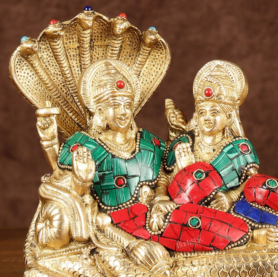Lakshmi Narayan/ Vishnu Lakshmi brass idol resting on Sheshnaag Golden finish - Budhshiv.com