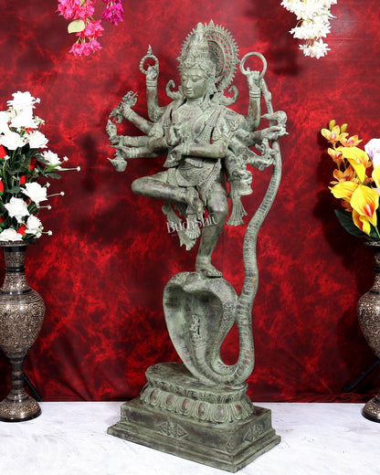 Large Balinese Bronze Krishna Dancing on Kaliya Naag Sculpture | 50 Inch Grand Statement Piece | Handcrafted Bronze - Budhshiv.com