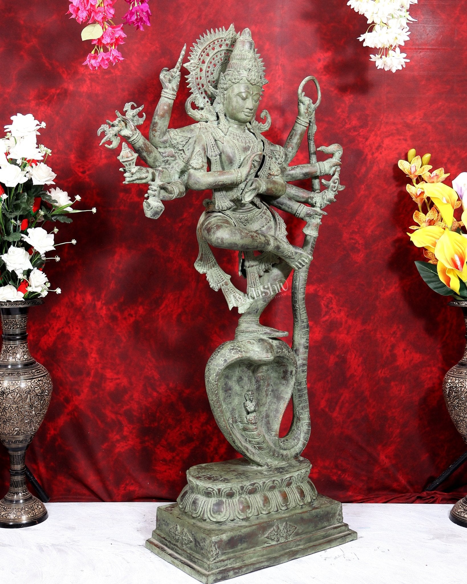 Large Balinese Bronze Krishna Dancing on Kaliya Naag Sculpture | 50 Inch Grand Statement Piece | Handcrafted Bronze - Budhshiv.com