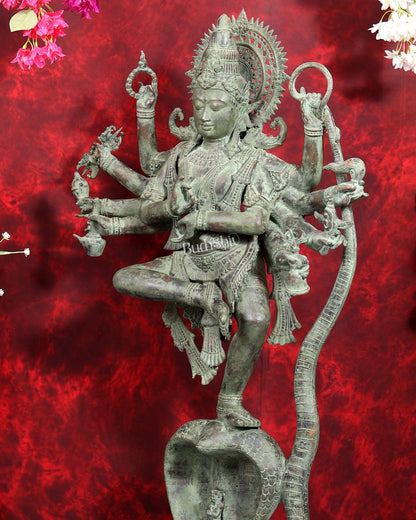Large Balinese Bronze Krishna Dancing on Kaliya Naag Sculpture | 50 Inch Grand Statement Piece | Handcrafted Bronze - Budhshiv.com