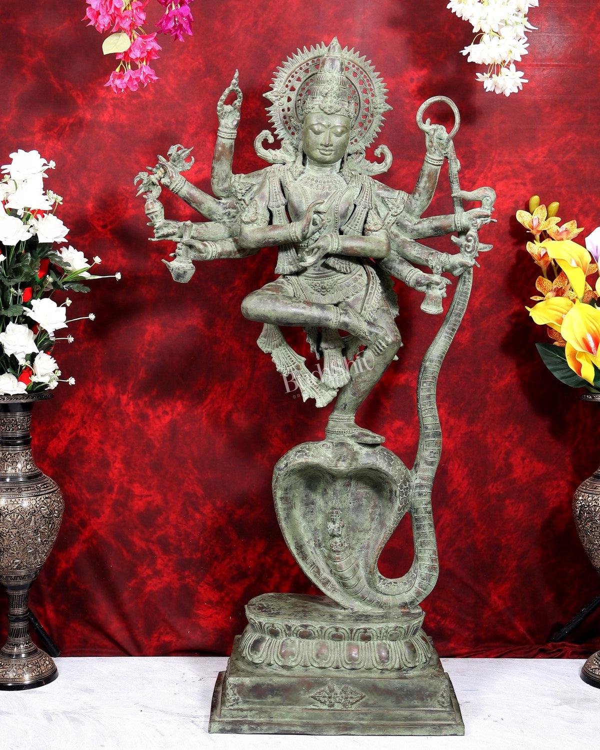 Large Balinese Bronze Krishna Dancing on Kaliya Naag Sculpture | 50 Inch Grand Statement Piece | Handcrafted Bronze - Budhshiv.com