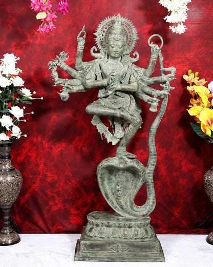Large Balinese Bronze Krishna Dancing on Kaliya Naag Sculpture | 50 Inch Grand Statement Piece | Handcrafted Bronze - Budhshiv.com