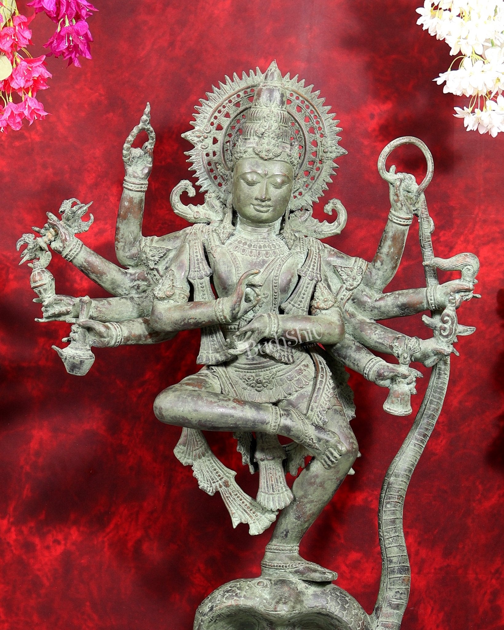Large Balinese Bronze Krishna Dancing on Kaliya Naag Sculpture | 50 Inch Grand Statement Piece | Handcrafted Bronze - Budhshiv.com
