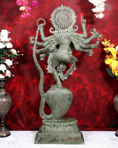 Large Balinese Bronze Krishna Dancing on Kaliya Naag Sculpture | 50 Inch Grand Statement Piece | Handcrafted Bronze - Budhshiv.com