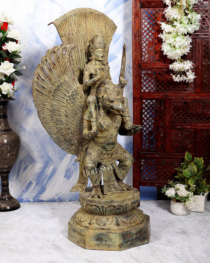 Large Balinese Bronze Lord Vishnu Seated on Garuda Sculpture – Handcrafted Masterpiece 40 inch - Budhshiv.com