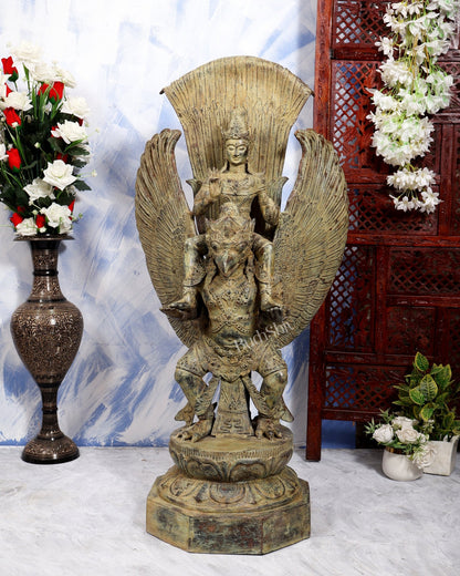 Large Balinese Bronze Lord Vishnu Seated on Garuda Sculpture – Handcrafted Masterpiece 40 inch - Budhshiv.com