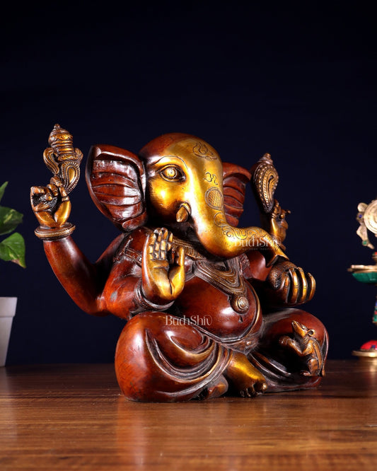 Large Brass Appu Ganesha Statue - 11 Inch dual tone - Budhshiv.com