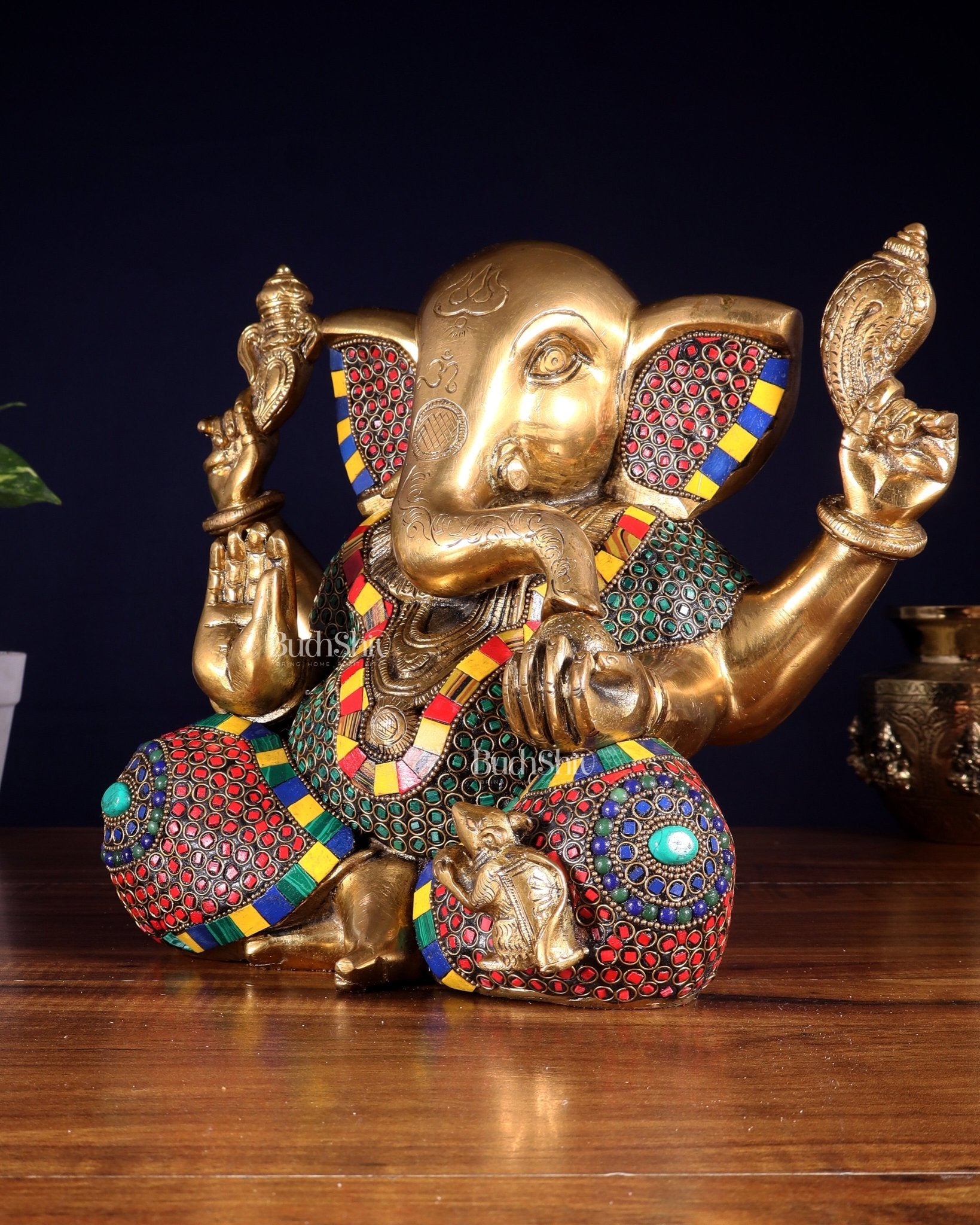 Large Brass Bald Ganesha Statue - 11 Inch - Budhshiv.com