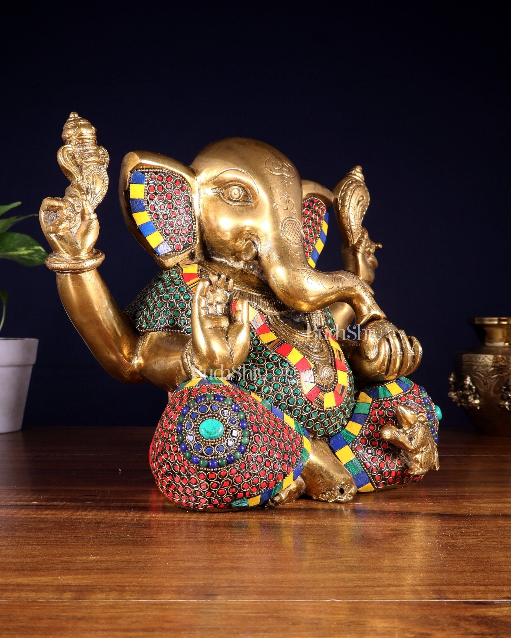 Large Brass Bald Ganesha Statue - 11 Inch - Budhshiv.com