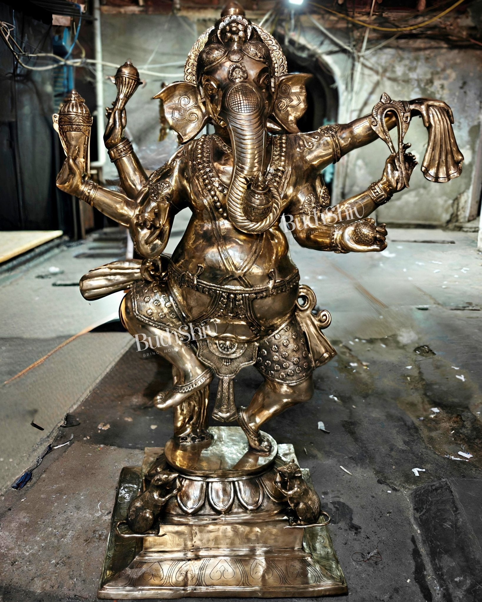 Large Brass Dancing Ganesha Nritya Ganapati Statue massive 82 inch/ 7 feet sculpture - Budhshiv.com