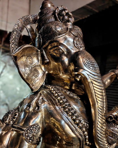 Large Brass Dancing Ganesha Nritya Ganapati Statue massive 82 inch/ 7 feet sculpture - Budhshiv.com