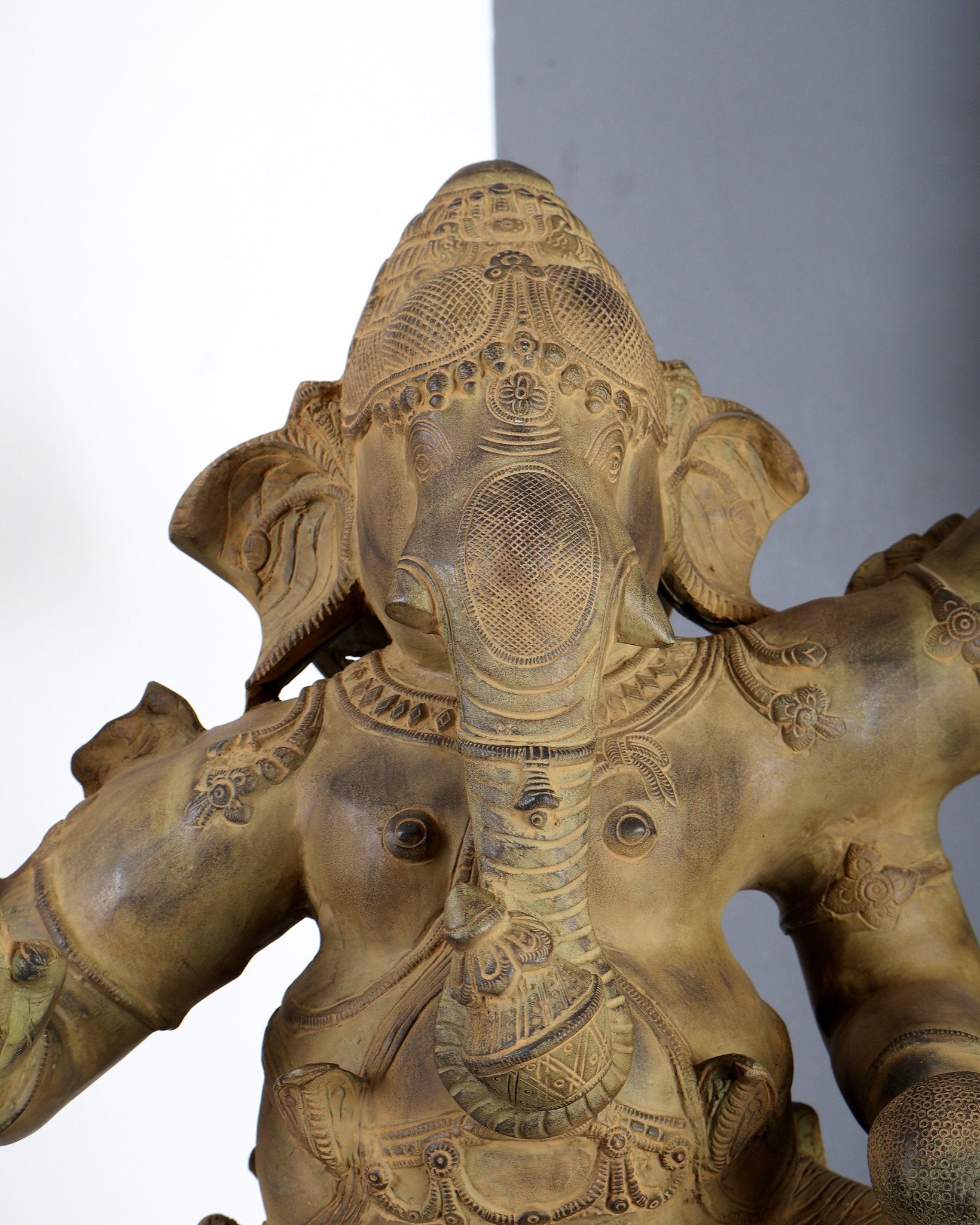 Large Brass Dancing Ganesha Statue – Green Verdigris Patina Finish Handcrafted Temple Sculpture 29 inch - Budhshiv.com