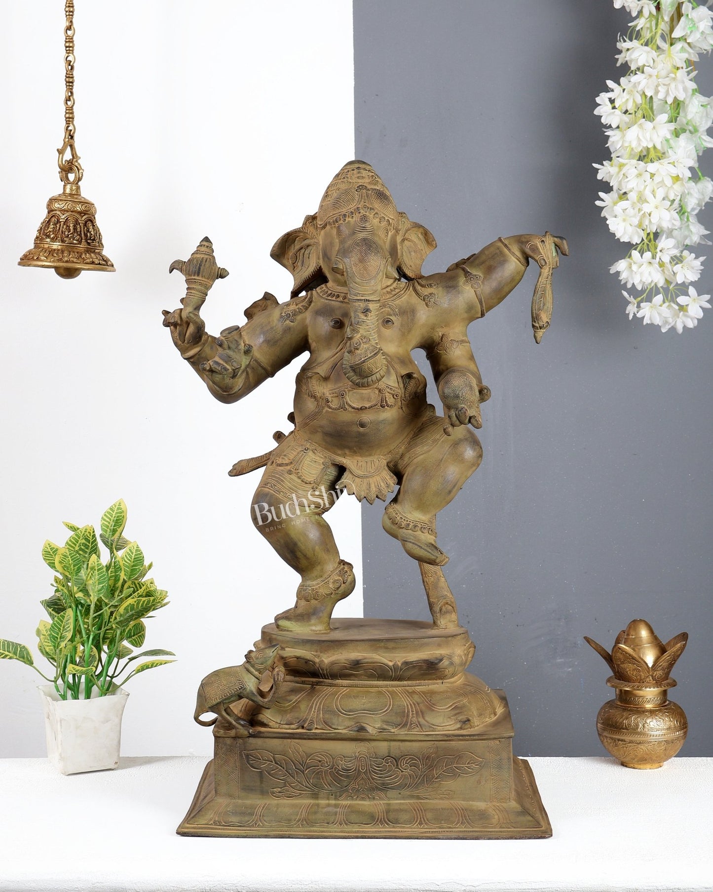 Large Brass Dancing Ganesha Statue – Green Verdigris Patina Finish Handcrafted Temple Sculpture 29 inch - Budhshiv.com