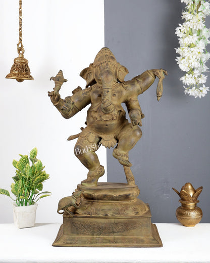 Large Brass Dancing Ganesha Statue – Green Verdigris Patina Finish Handcrafted Temple Sculpture 29 inch - Budhshiv.com