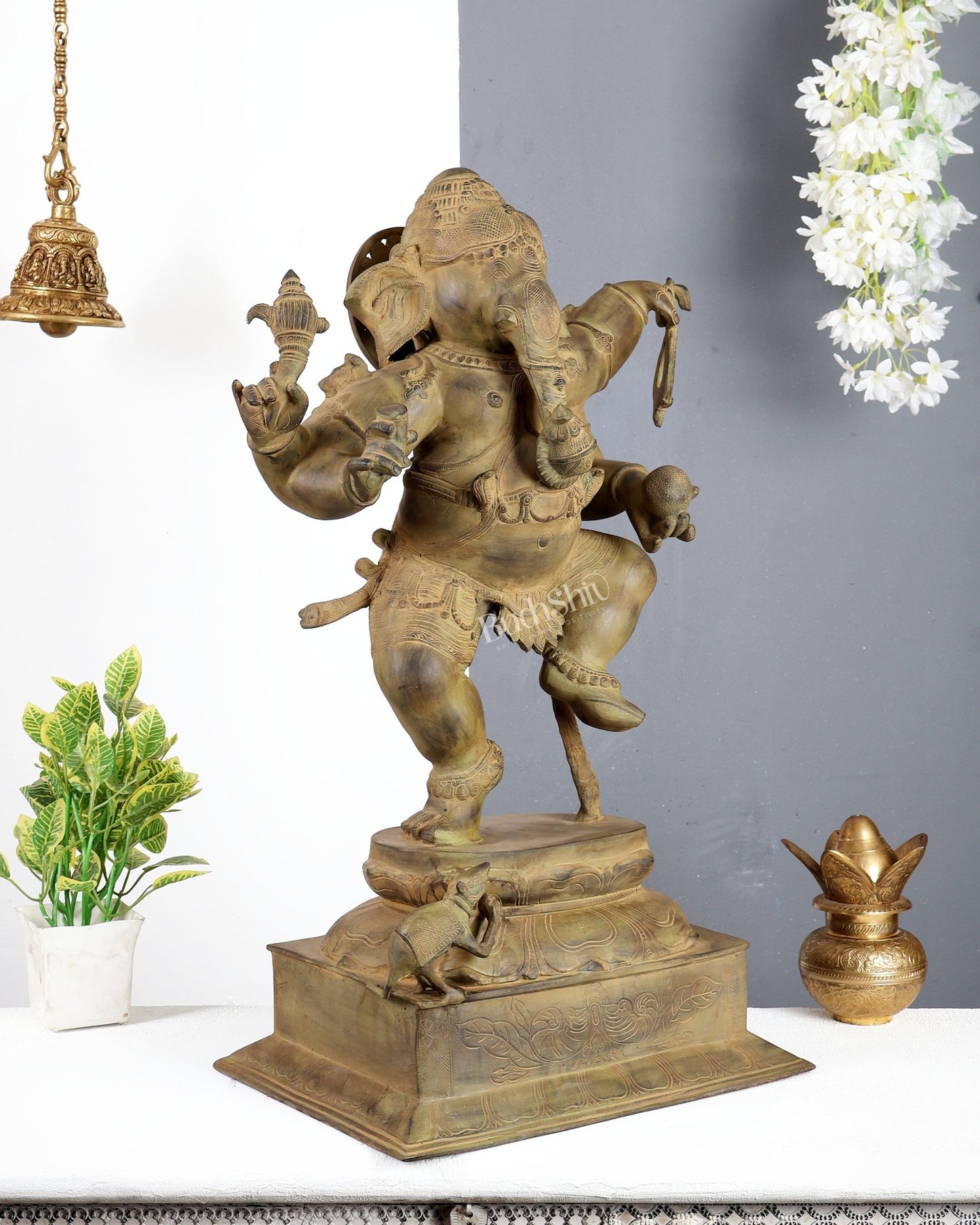 Large Brass Dancing Ganesha Statue – Green Verdigris Patina Finish Handcrafted Temple Sculpture 29 inch - Budhshiv.com