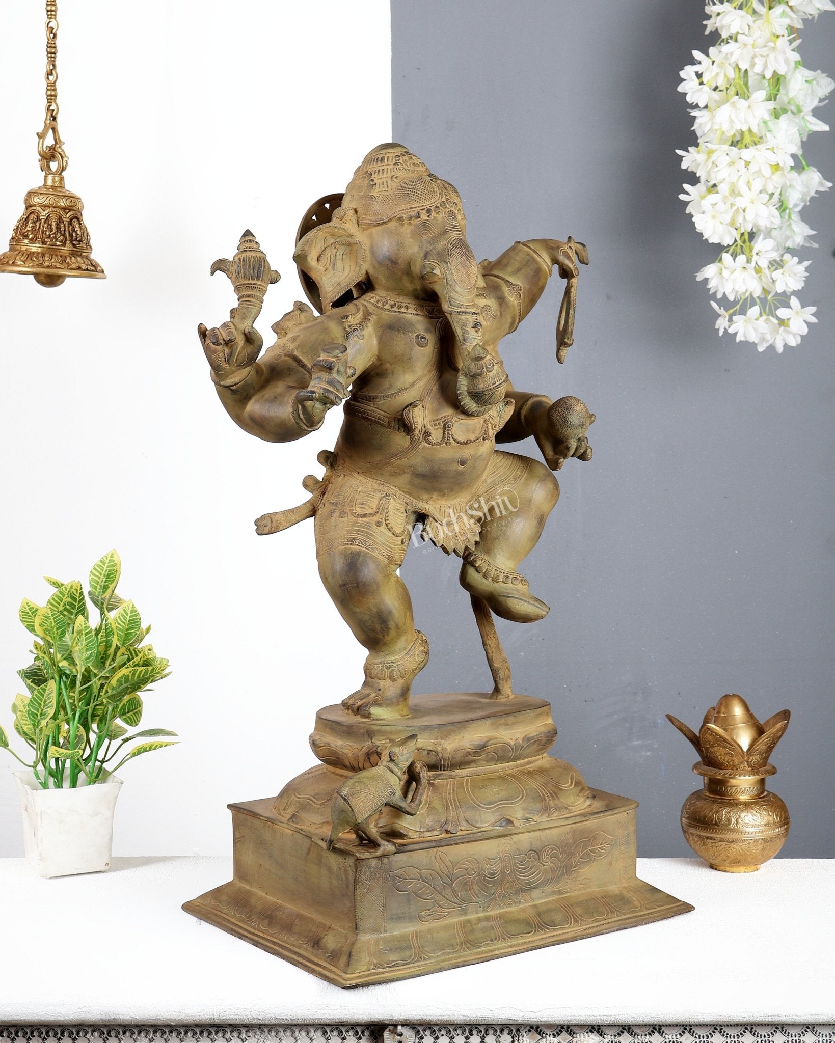 Large Brass Dancing Ganesha Statue – Green Verdigris Patina Finish Handcrafted Temple Sculpture 29 inch - Budhshiv.com