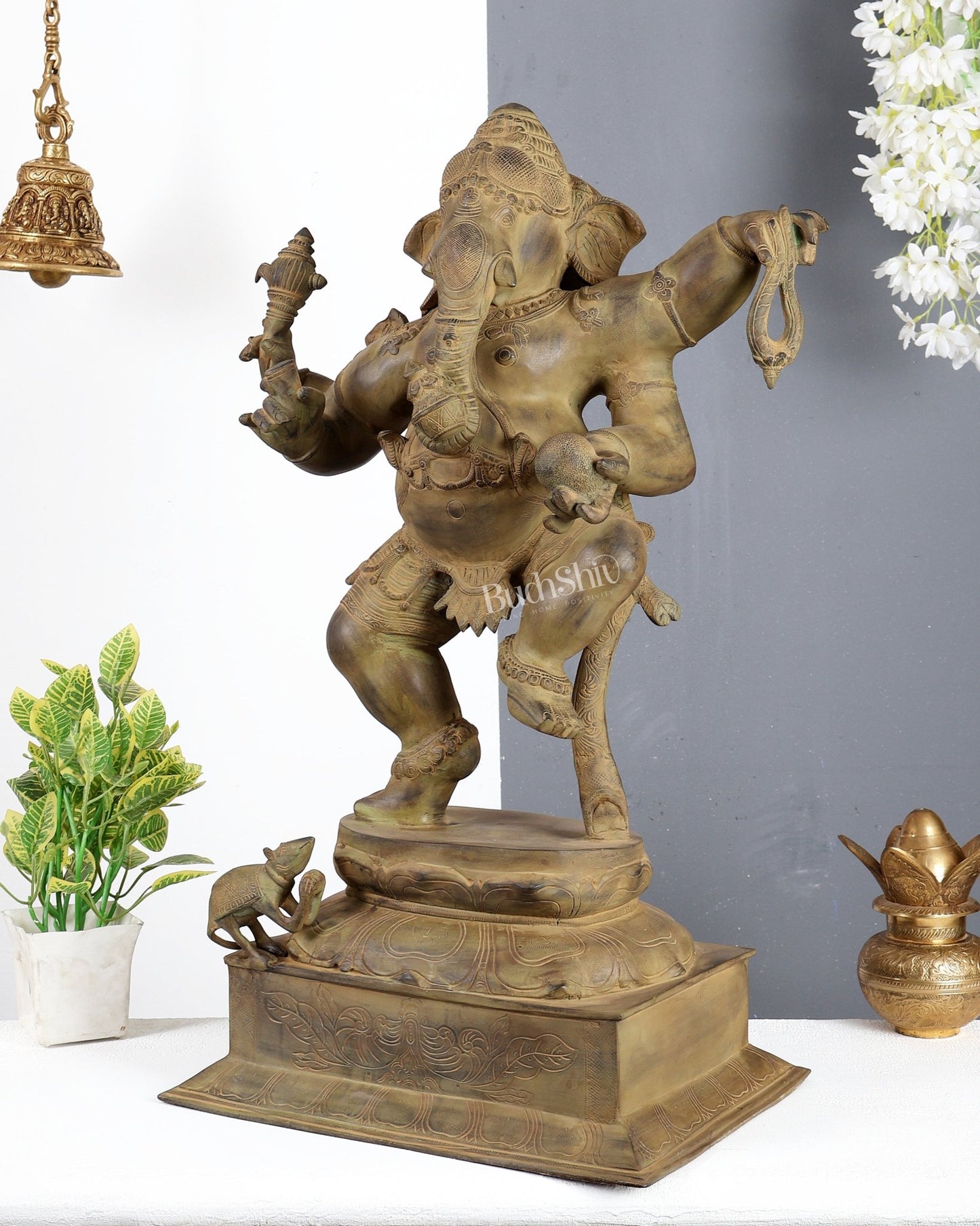 Large Brass Dancing Ganesha Statue – Green Verdigris Patina Finish Handcrafted Temple Sculpture 29 inch - Budhshiv.com