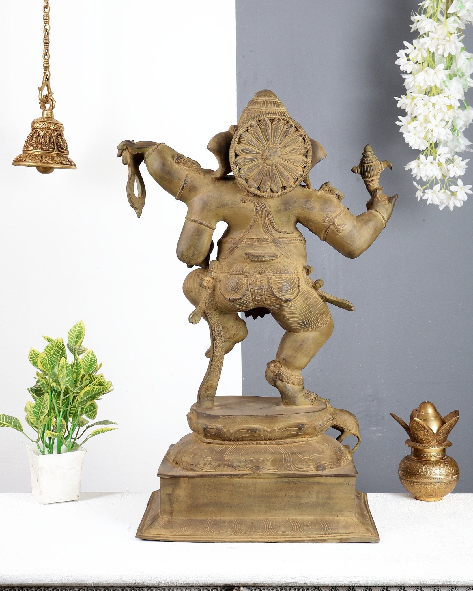 Large Brass Dancing Ganesha Statue – Green Verdigris Patina Finish Handcrafted Temple Sculpture 29 inch - Budhshiv.com