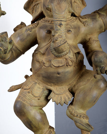 Large Brass Dancing Ganesha Statue – Green Verdigris Patina Finish Handcrafted Temple Sculpture 29 inch - Budhshiv.com
