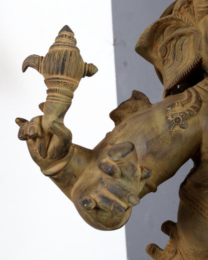 Large Brass Dancing Ganesha Statue – Green Verdigris Patina Finish Handcrafted Temple Sculpture 29 inch - Budhshiv.com