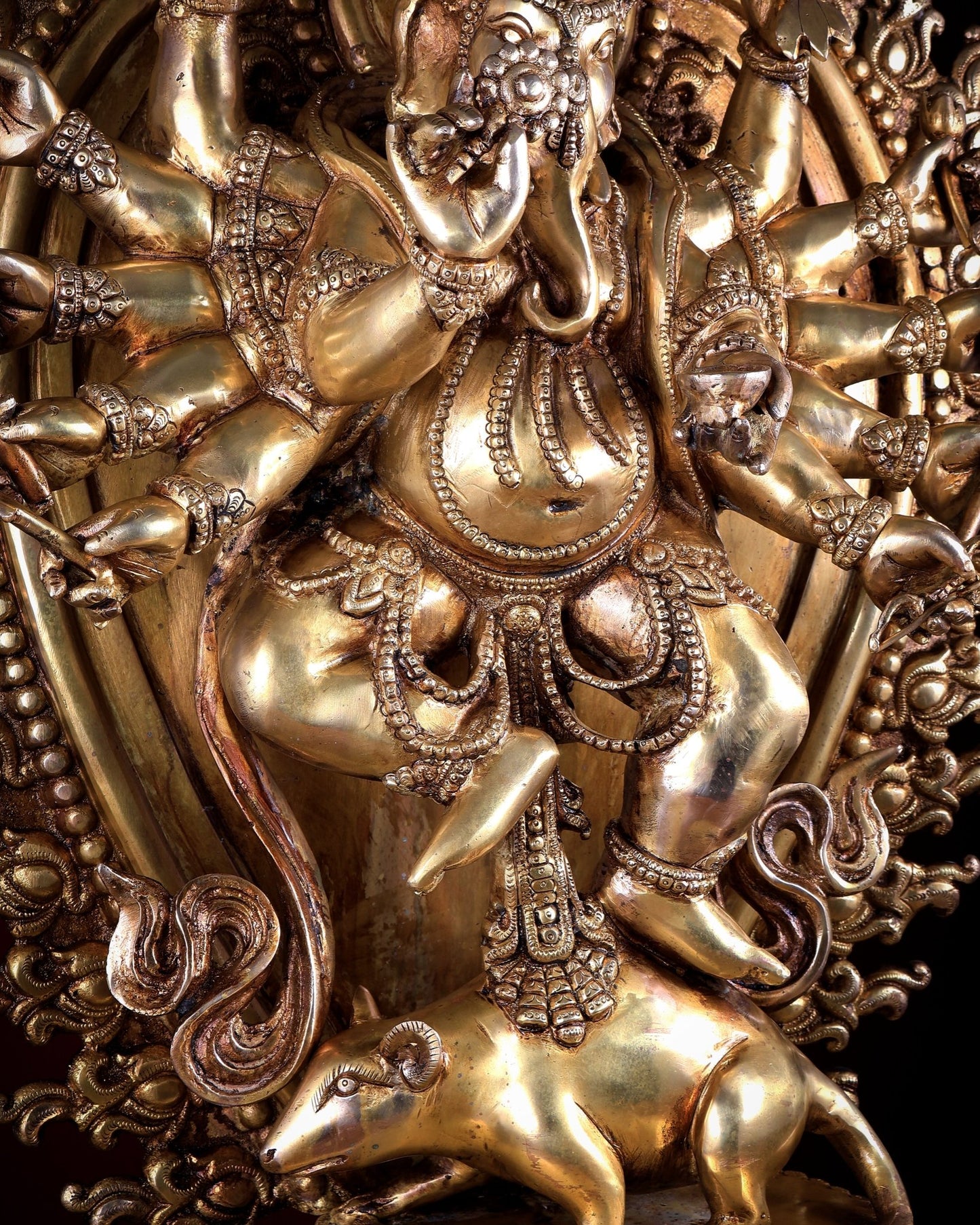 Large Brass Dancing Ganesha Statue with 12 Arms & Mouse - Budhshiv.com