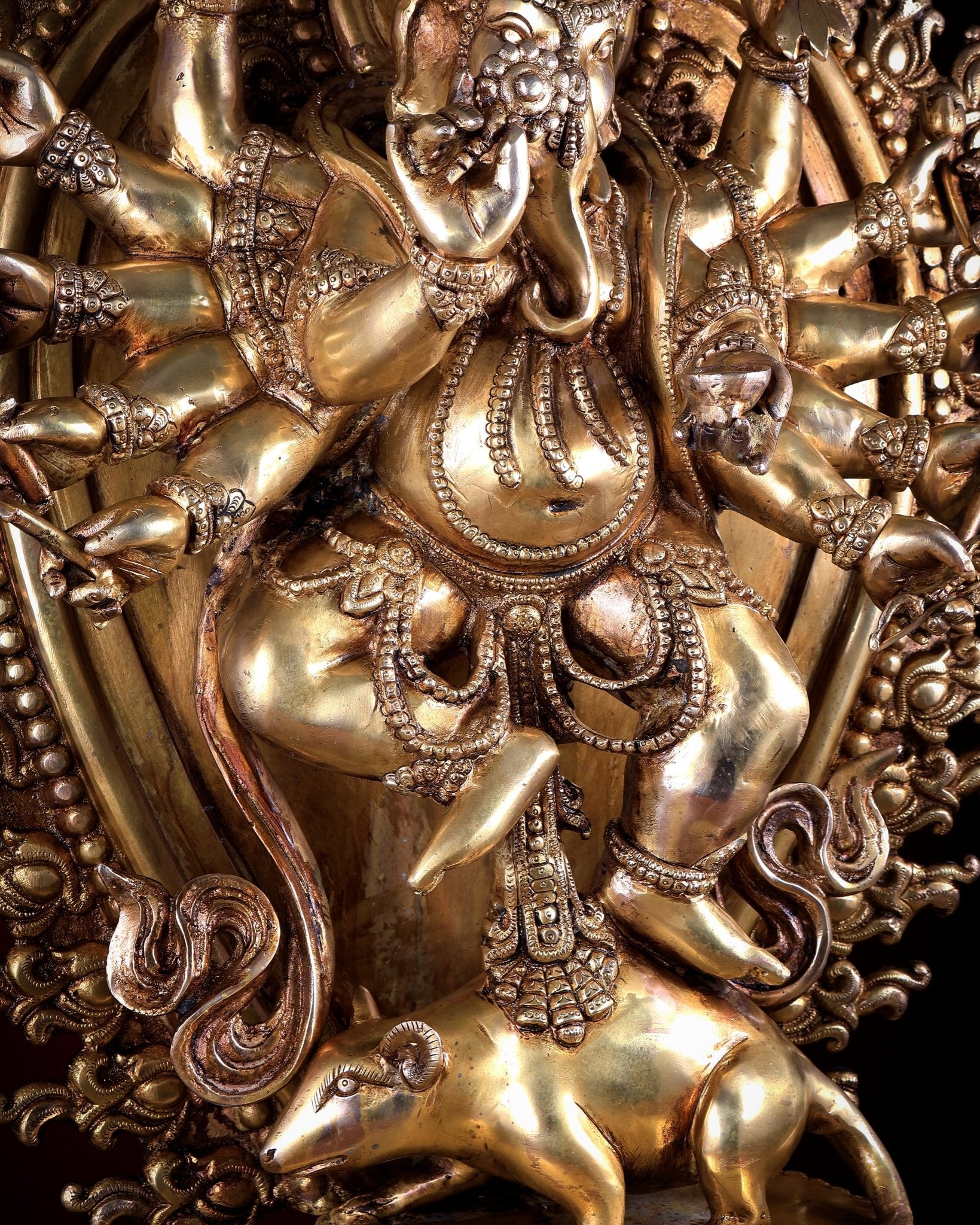 Large Brass Dancing Ganesha Statue with 12 Arms & Mouse - Budhshiv.com
