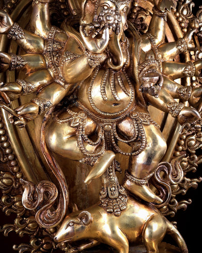 Large Brass Dancing Ganesha Statue with 12 Arms & Mouse - Budhshiv.com