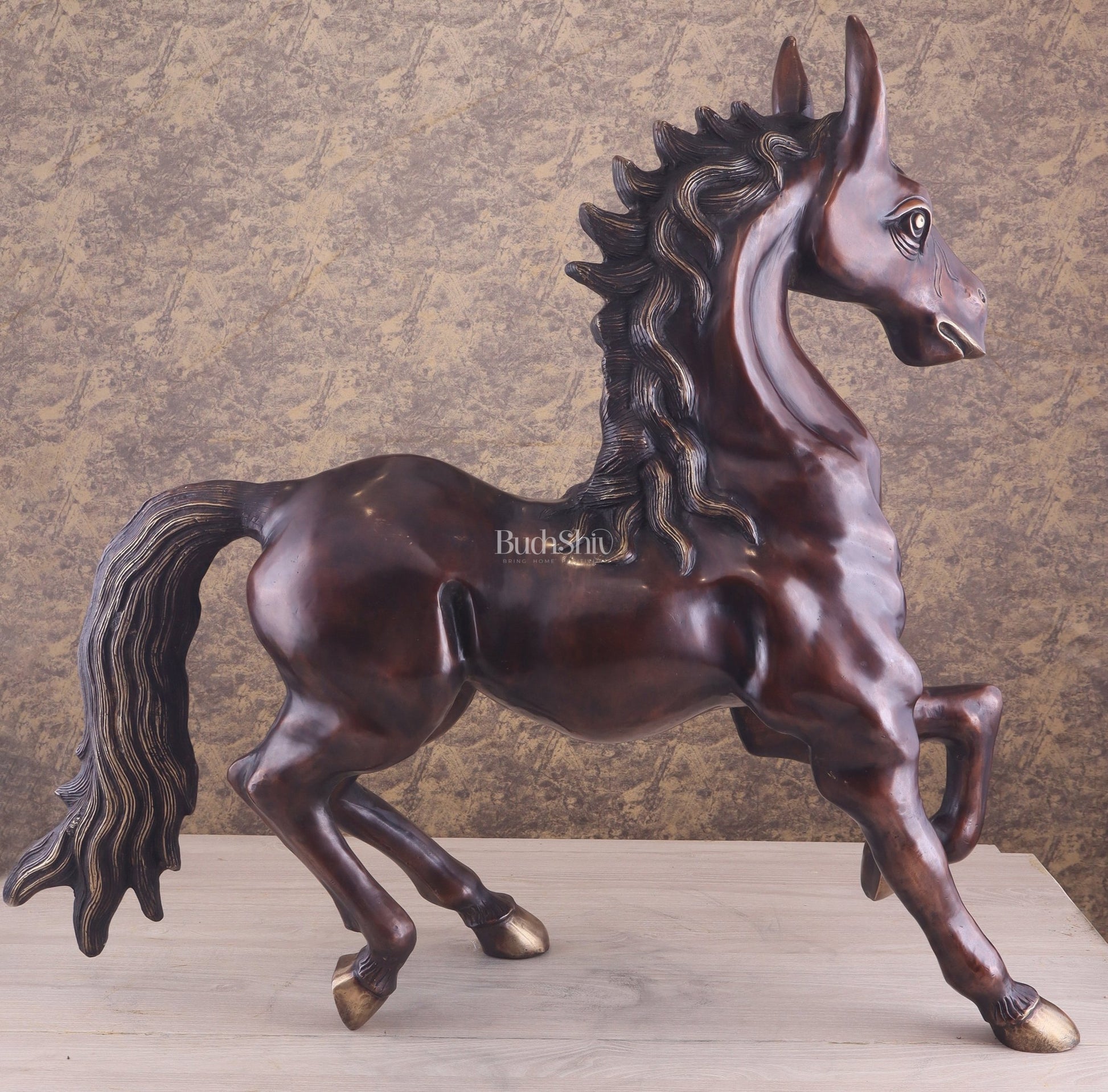 Large Brass Galloping Horse Showpiece Brown Tone Finish 30" - Budhshiv.com