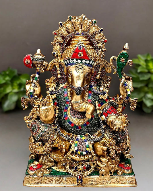Large Brass Ganapati Statue 21": Blessing Ganesha Idol with Spectacular Stonework - Budhshiv.com