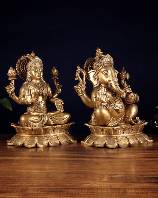 Large Brass Ganesha Lakshmi statue 14" - Budhshiv.com