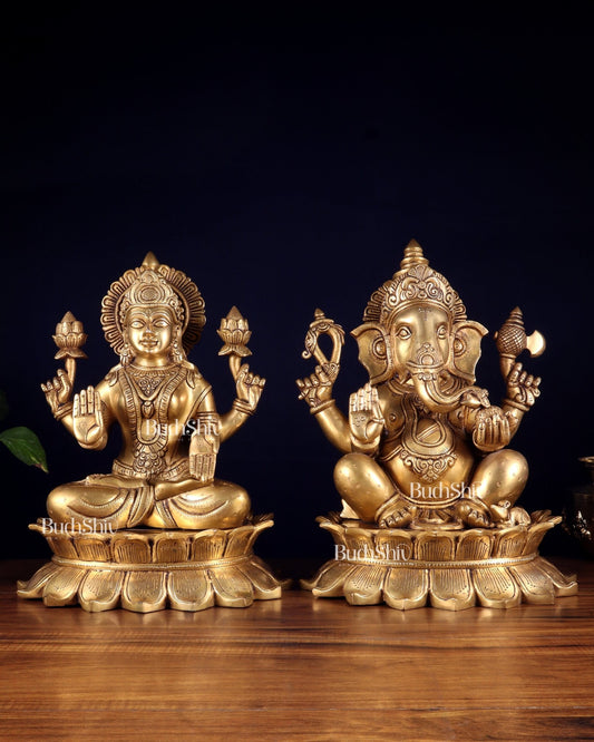 Large Brass Ganesha Lakshmi statue 14" - Budhshiv.com