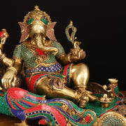 Large Brass Ganesha Resting on Peacock Bed with Stonework, 33" wide - Budhshiv.com