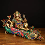 Large Brass Ganesha Resting on Peacock Bed with Stonework, 33" wide - Budhshiv.com